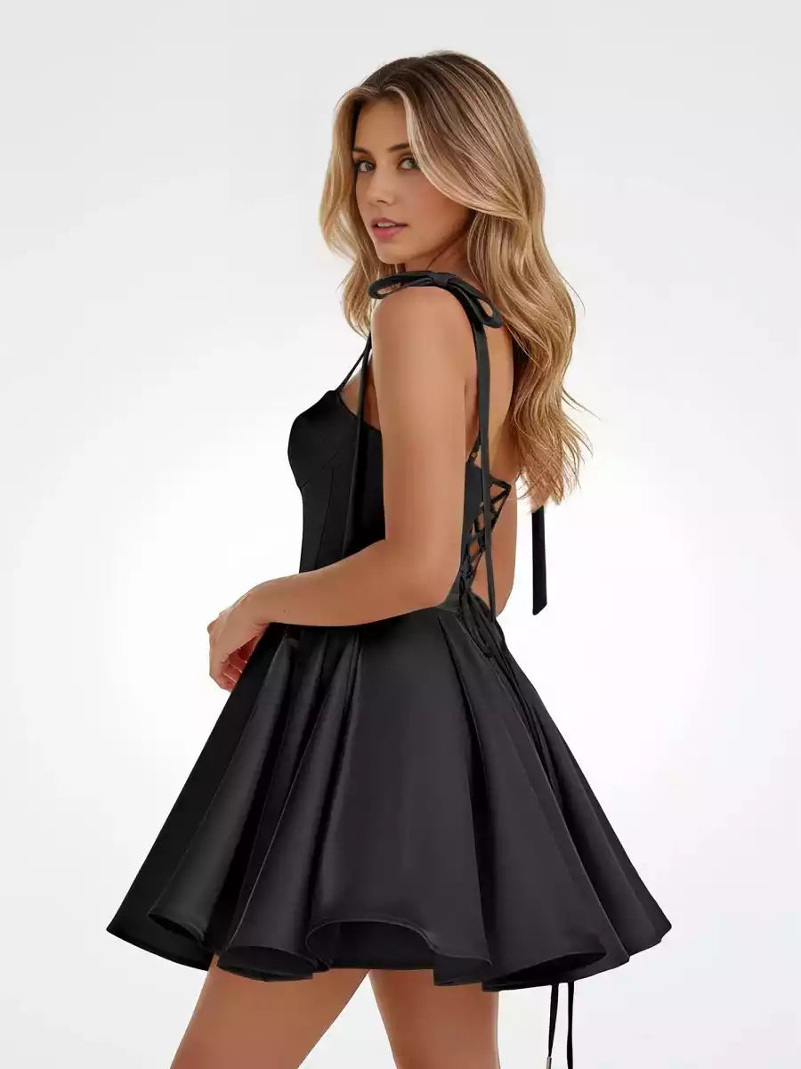 Elegant satin short off shoulder sleeveless bow tie back Homecoming Dresses